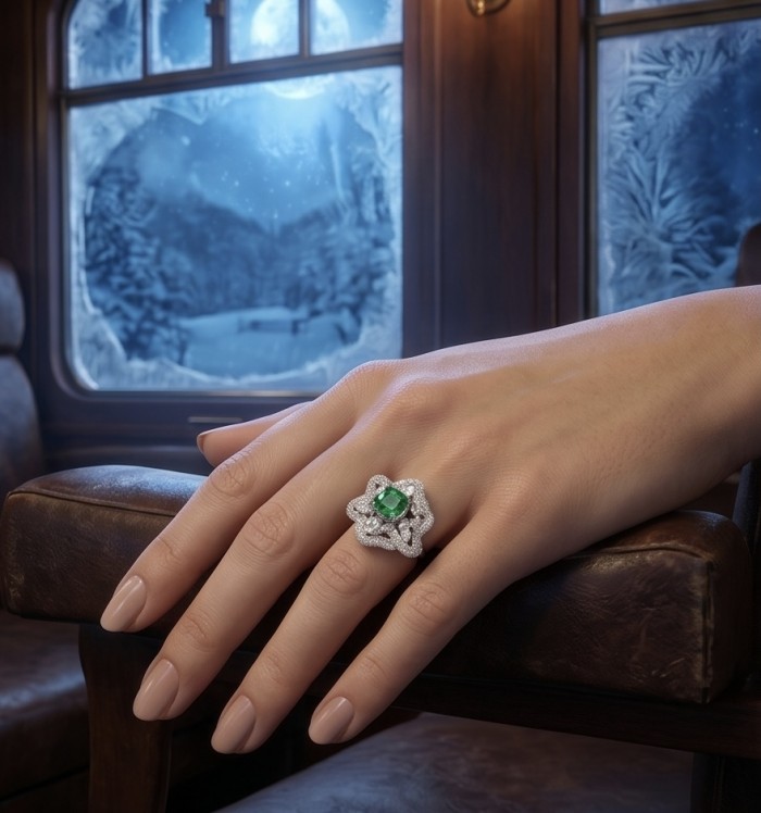 Exotica Natural 5.4 carat Tsavorite Garnet .925 Sterling Silver handmade Large Statement Ring size 7 - Hand wearing Exotica 5.4 carat Tsavorite Garnet ring, winter scene background.
