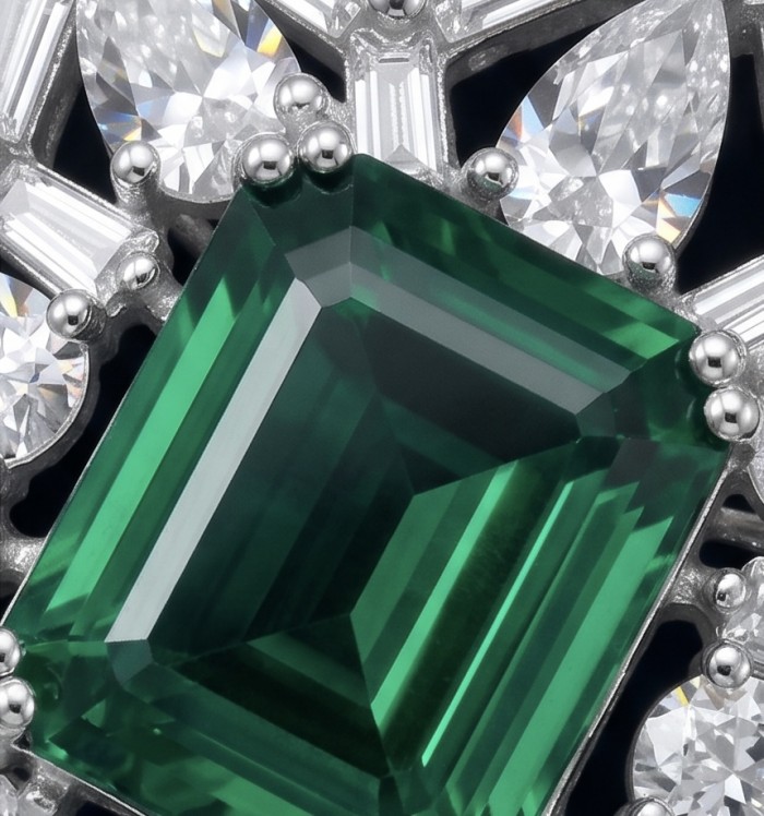 Giovanna - Authentic 4.8 carat COLOMBIAN EMERALD .925 Sterling Silver dipped in rhodium handcrafted pendant - Close-up of 4.8 carat Colombian emerald with diamond accents.