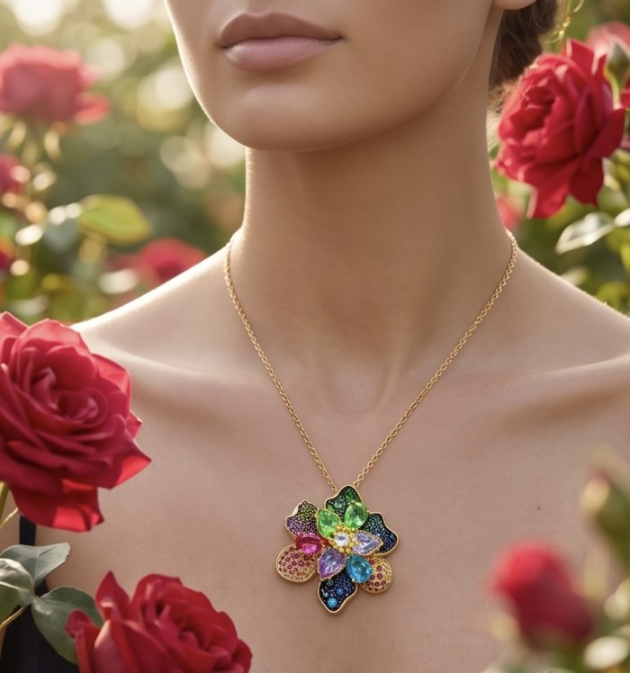 Wonderland 68.5 carat multicolor Topaz 14K Gold over .925 Silver handcrafted Statement necklace - Woman wearing multicolor Topaz necklace among red roses