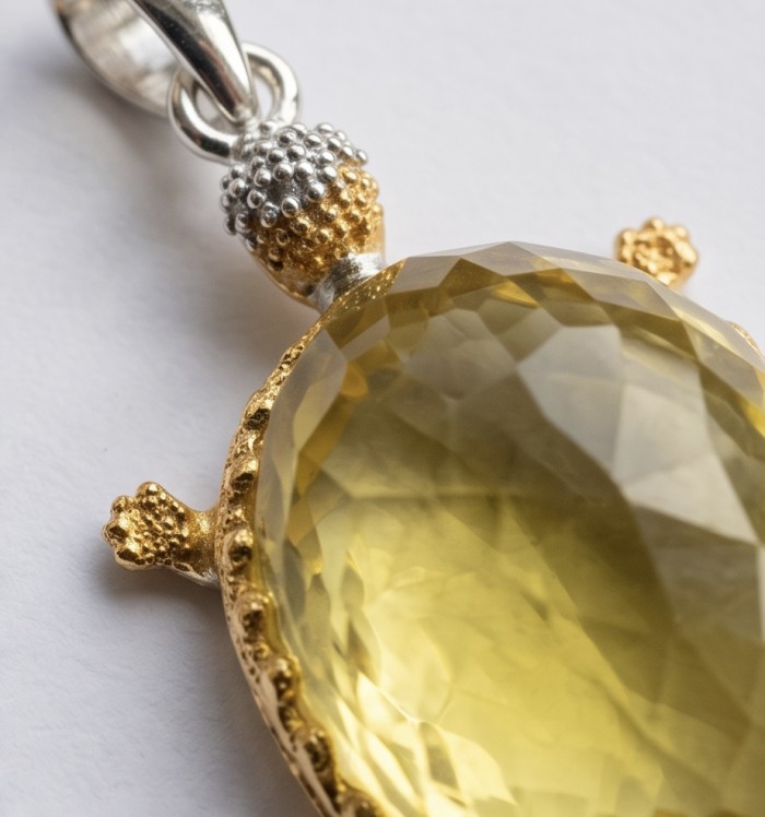 Precious Turtle Authentic 24.2 carat Brazilian Citrine rhodium over .925 Sterling Silver handcrafted Statement Pendant - Close-up of Precious Turtle pendant with Brazilian Citrine stone
