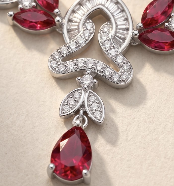 Giovanna - Magnificent Jewel 7.8 carat Ruby .925 Sterling Silver handcrafted incredible Statement Necklace - Close-up of ruby and diamond details on sterling silver jewelry