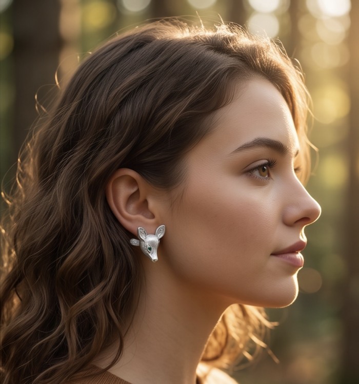 Deer'S Head 0.7 carat Emerald .925 Sterling Silver handmade Statement earrings - Deer's head earring with emerald, side view, worn by model.