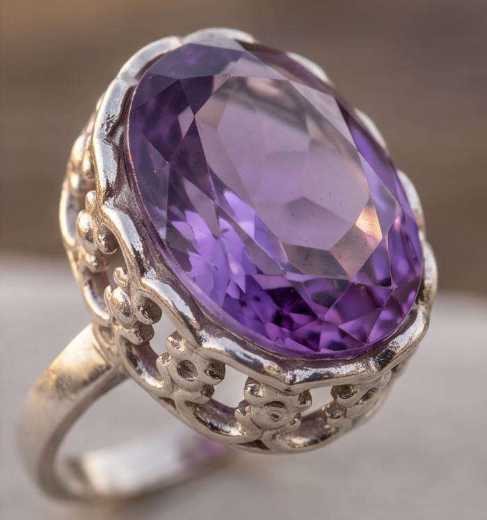 Top quality 14.4 carat Amethyst .925 Sterling Silver dipped in rhodium Handcrafted Ring size 7 - Close-up of 14.4 carat amethyst in .925 sterling silver setting.