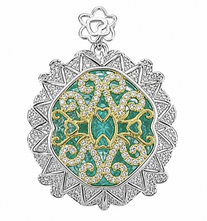 Brazilian's Briliance - emerald cut 33.7 carat Paraiba Tourmaline 2 tones .925 Sterling Silver handcrafted necklace - Ornate pendant with emerald Paraiba Tourmaline, front view.