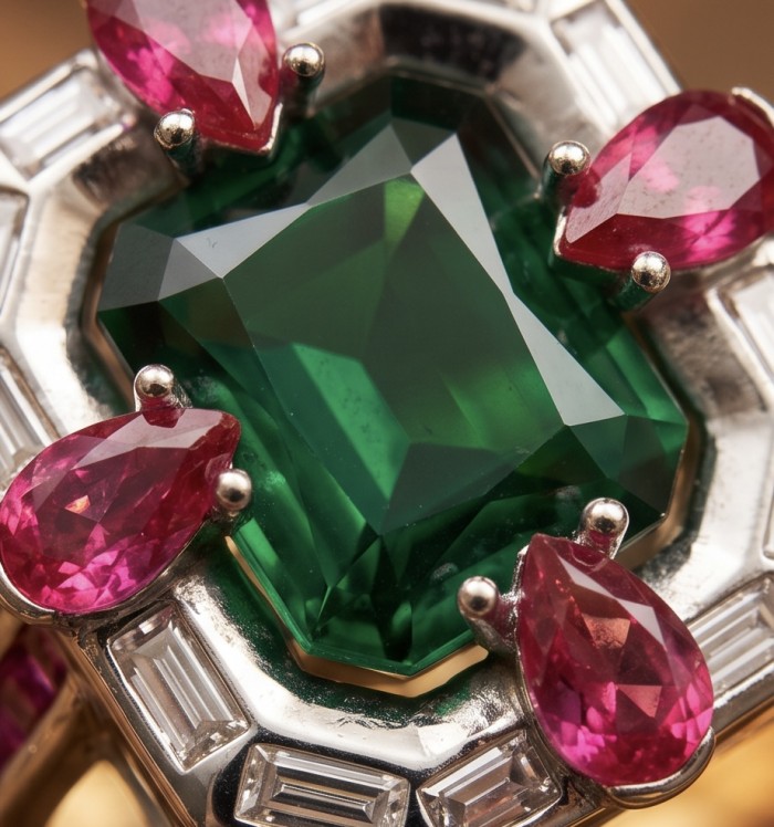 Art Deco 8.6 ctw Emerald .925 Sterling Silver handcrafted Statement Ring size 7 1/4 - Close-up of Art Deco emerald and ruby 8.6 ctw in sterling silver.