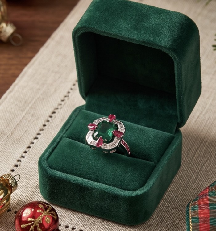 Art Deco 8.6 ctw Emerald .925 Sterling Silver handcrafted Statement Ring size 7 1/4 - Emerald ring in green box, top view, showcasing Art Deco design.