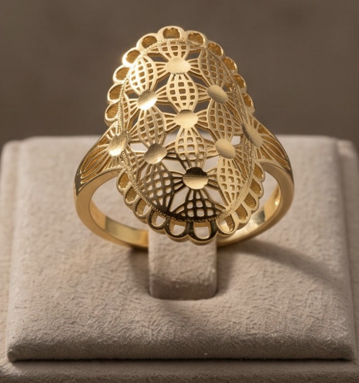 GOLDEN ROSE - Dubai Style - .925 Sterling Silver dipped in 22K Gold handmade ring size 9 - Gold filigree ring on display stand, top view.