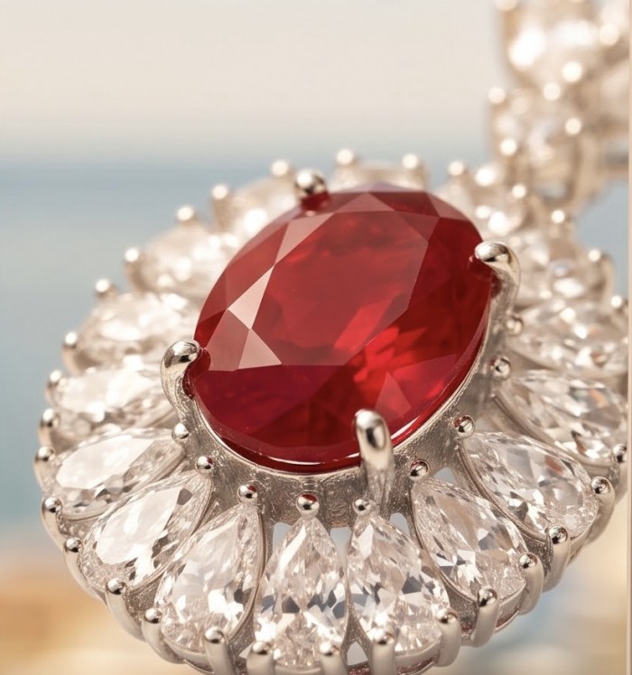 Luxurious 6.8 carat natural Mozambique Ruby .925 Sterling Silver .925 Sterling Silver Statement Necklace - Close-up of a 6.8 carat Mozambique Ruby in .925 sterling silver setting.