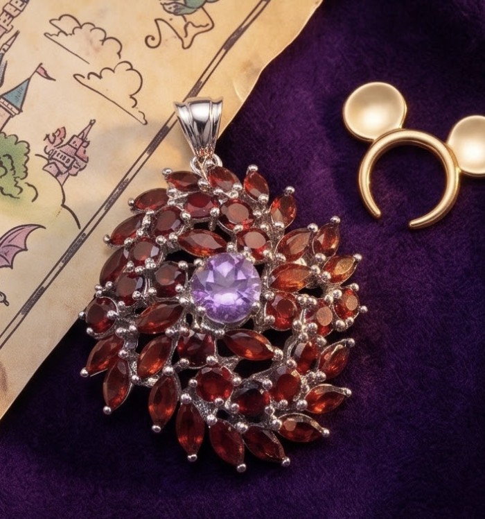 Clementine - Precious 32.5 carat Multigem .925 Sterling Silver dipped in rhodium Pendant - Pendant with red and purple stones on a map background