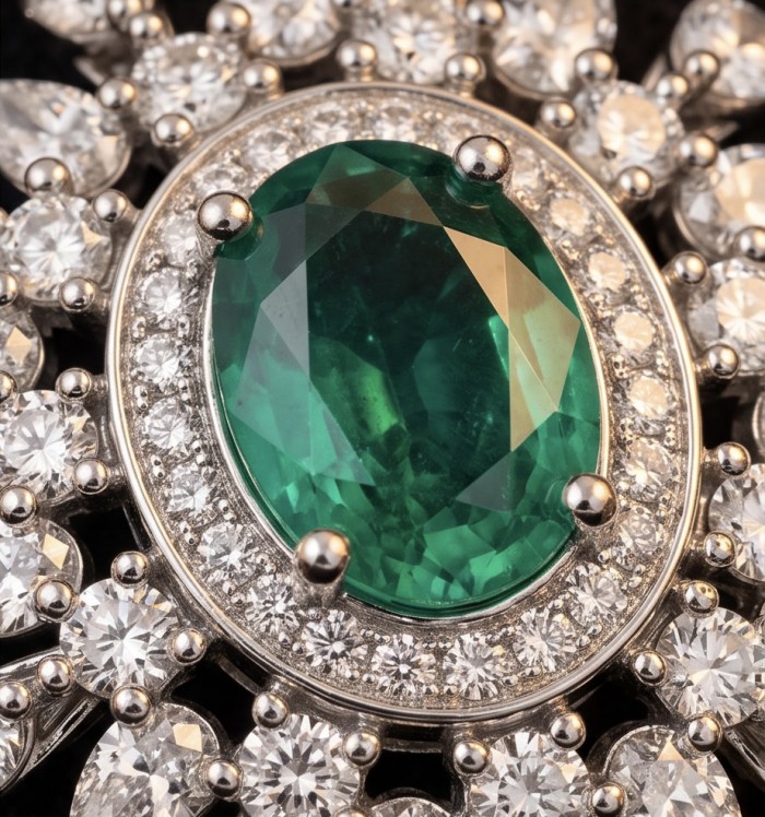 Amazonia - authentic 6.5 carat Colombian Emerald rhodium over .925 Sterling Silver handcrafted Pendant - Close-up of Amazonia 6.5 carat Colombian emerald with diamonds