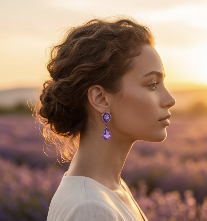 Natural 10.6 carat fancy pear cut Amethyst black rhodium over .925 Sterling Silver handmade earrings - Side view of woman wearing Amethyst earrings at sunset.