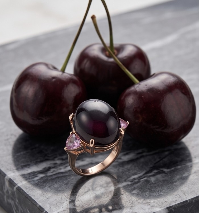 Cherry-Pick Natural 28.4 carat Mozambique Ruby .925 Sterling Silver dipped in 22K Gold handmade Large Statement Ring size 7 1/2 - Close-up of ring with large ruby and pink accents next to cherries.
