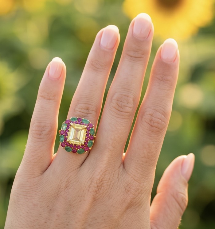Esperanza - Luxurious 10.2 Brazilian Citrine Emerald 18K Gold over .925 Sterling Silver handmade Statement ring; s. 9 1/4 - Citrine and emerald ring on hand, in sunlight with blurred background.