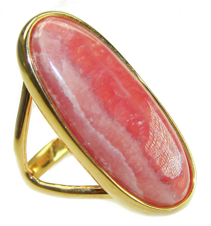Large top quaity Argentinian Rhodochrosite 18K Gold over .925 Sterling Silver handmade ring size 8 3/4 - Close-up of large Argentinian Rhodochrosite ring in 18K gold setting.