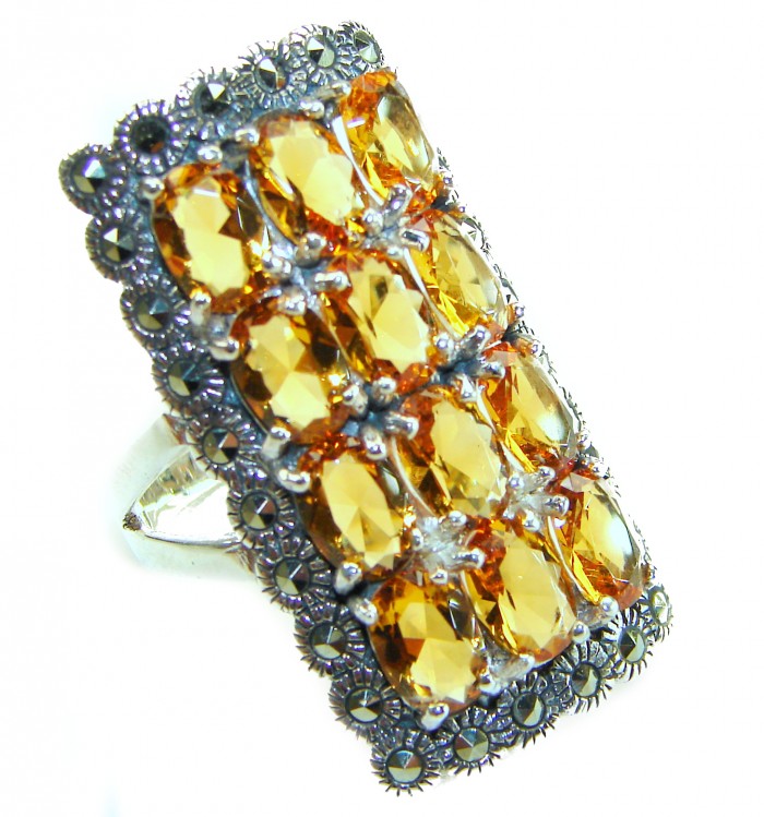 Golden Royalty 44.5 carat Citrine Marcasite .925 Sterling Silver Handcrafted Huge Ring size 8 - Close-up of Golden Royalty Citrine & Marcasite sterling silver ring
