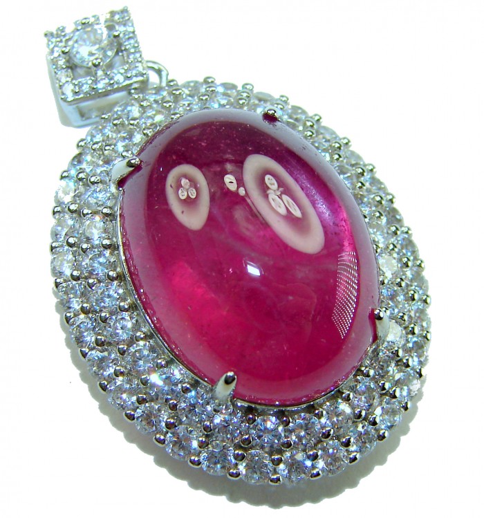 Rare finding! Deluxe 27.2 carat authentic Kashmir Ruby rhodium over .925 Sterling Silver handmade Statement Pendant - Close-up of a deluxe 27.2 carat Kashmir Ruby pendant with diamond accents