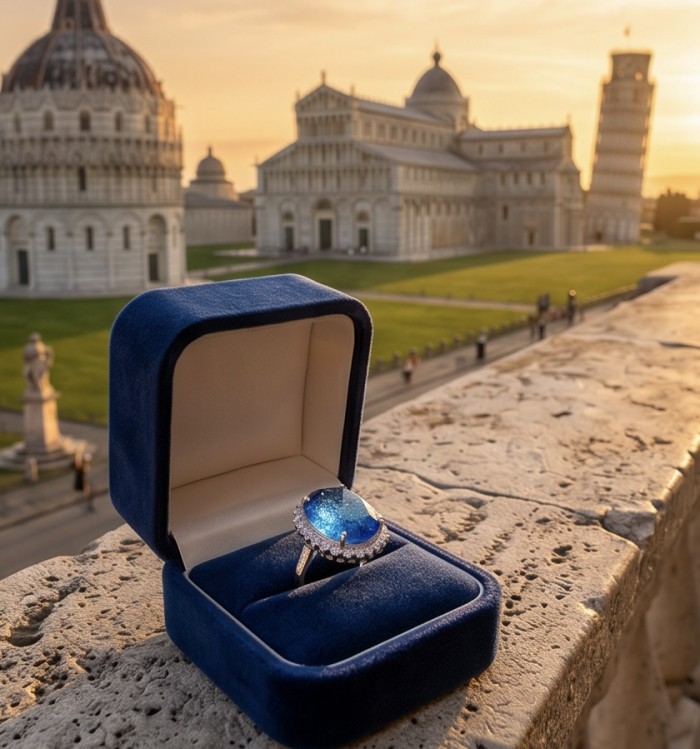 Angelina 14.9 carat authentic Swiss Blue Topaz .925 Sterling Silver Handcrafted Ring size 8 - Blue Topaz ring in box with Pisa landmarks in background, stone close-up.