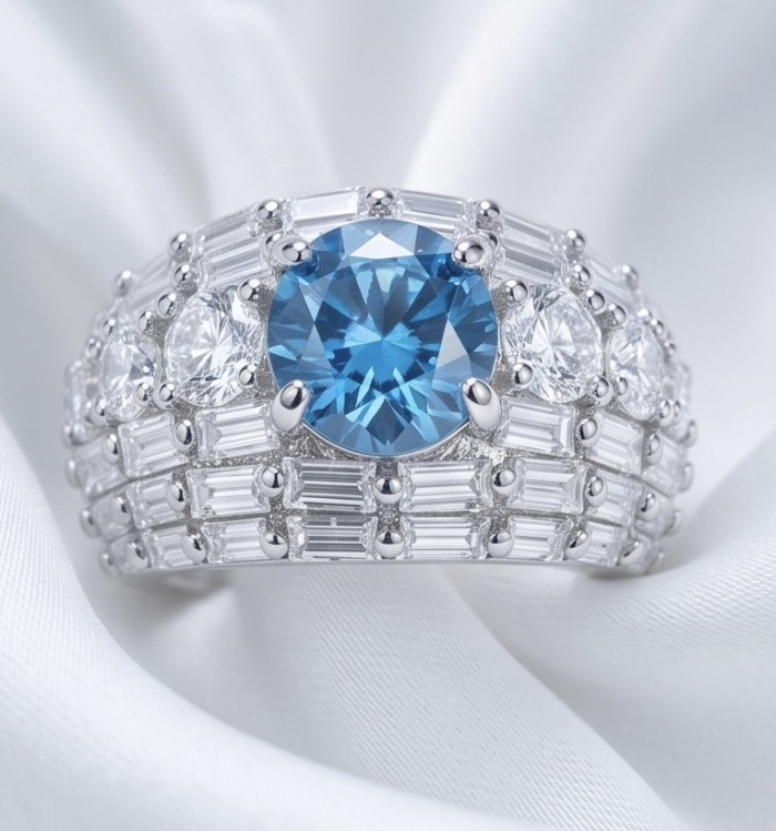 Art Deco Blue Treasure 4.8 carat London Blue Topaz .925 Sterling Silver handmade Statement Ring size 6 - Close-up of Art Deco ring with blue topaz and diamond accents on fabric background