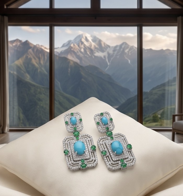 Art Deco - Pacifica - 108.8 carat Turquoise Emerald .925 Sterling Silver handmade Statement LONG Earrings - Art Deco earrings on cushion with mountain view in background