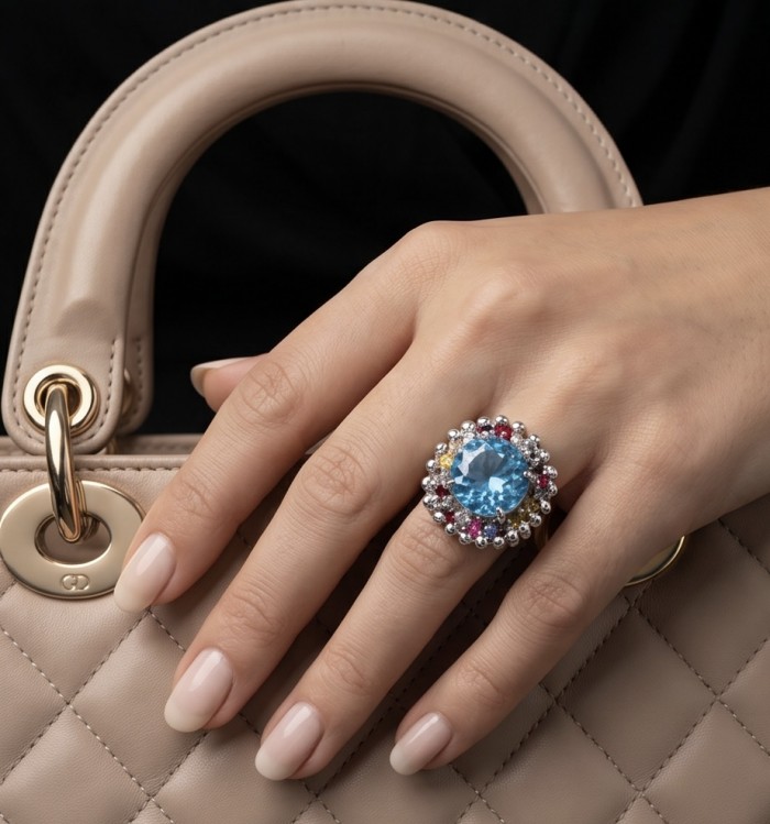 Ocean Blue Natural 22.8 carat Swiss Blue Topaz .925 Sterling Silver dipped in rhodium handmade Large Statement Ring size 8 - Swiss Blue Topaz ring, 22.8 carat, worn on hand with beige bag background.