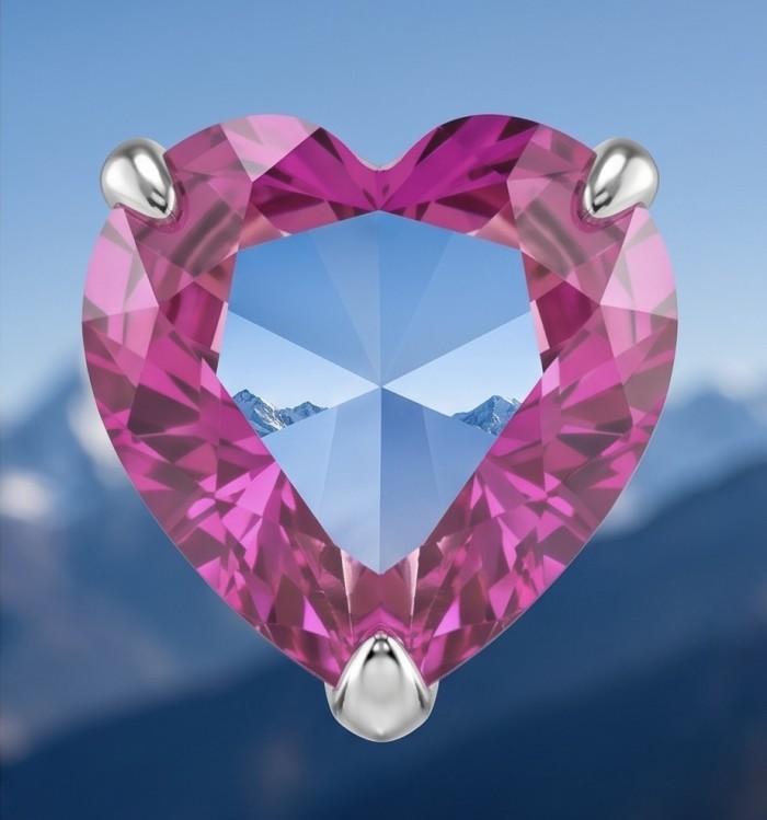 Exceptional- Pink Hearts - 35.7 carat Pink Sapphire .925 Sterling Silver dipped in rhodium luxuriously Handcrafted Statement earrings - Pink heart-shaped sapphire close-up with mountain reflection.