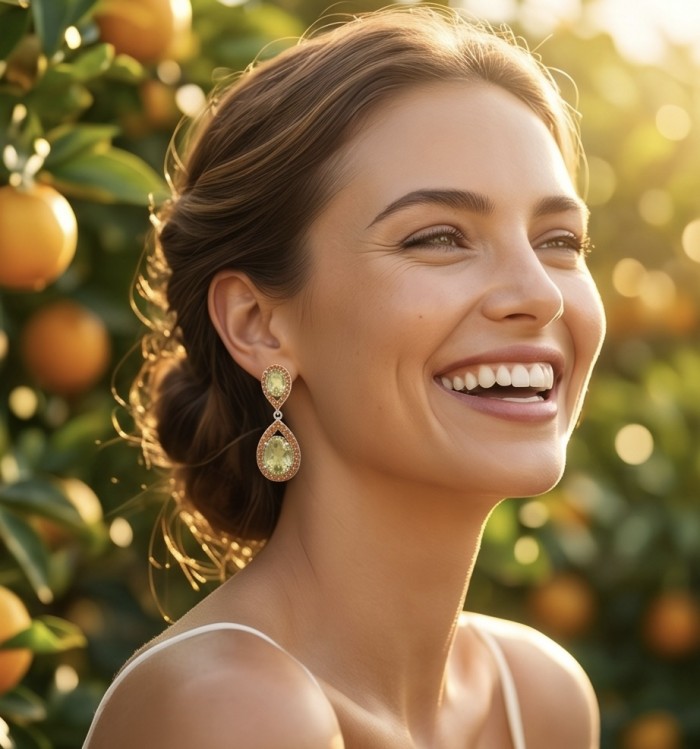 Fiesta Authentic 12.5 carat Brazilain Citrine .925 Sterling Silver dipped in Rhodium over brilliantly handcrafted earrings - Woman wearing Fiesta Citrine earrings, side view in a sunny orange grove.
