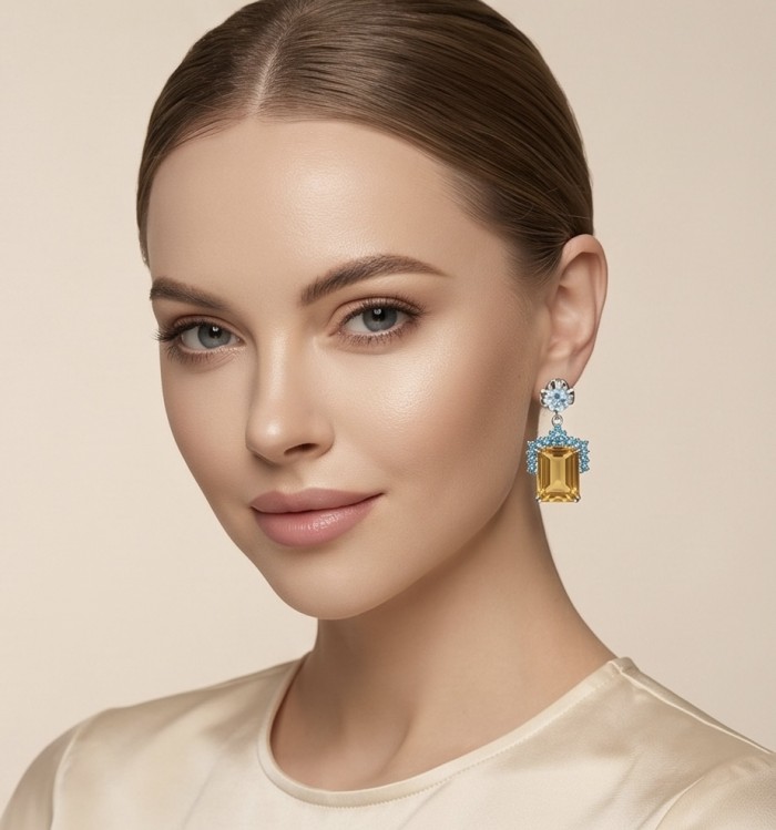 Summer Time 17.8 carat Lemon Quartz rhodium over .925 Sterling Silver handcrafted Statement Earrings - Woman wearing Summer Time Lemon Quartz earrings, side view.