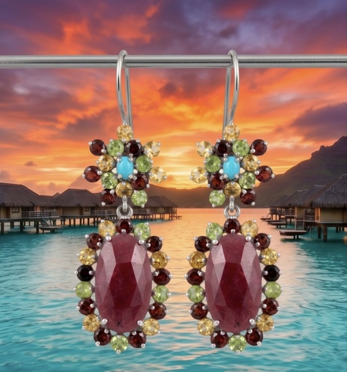 Real Art - Giovanna Natural 20.2 carat Kasmir Ruby .925 Sterling Silver handcrafted Statement earrings - Front view of colorful earrings with Kashmir Ruby stones.