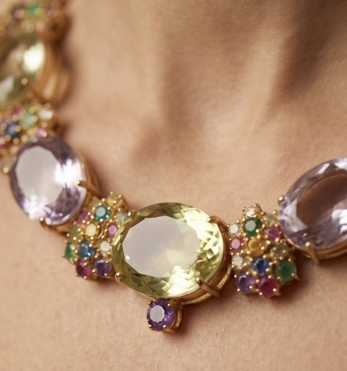 Special finding - Giovanna 195.5 carat Lemon Quartz Amethyst 18k Gold over .925 Sterling Silver handmade STATEMENT necklace - Close-up of Giovanna necklace with lemon quartz and amethyst stones.