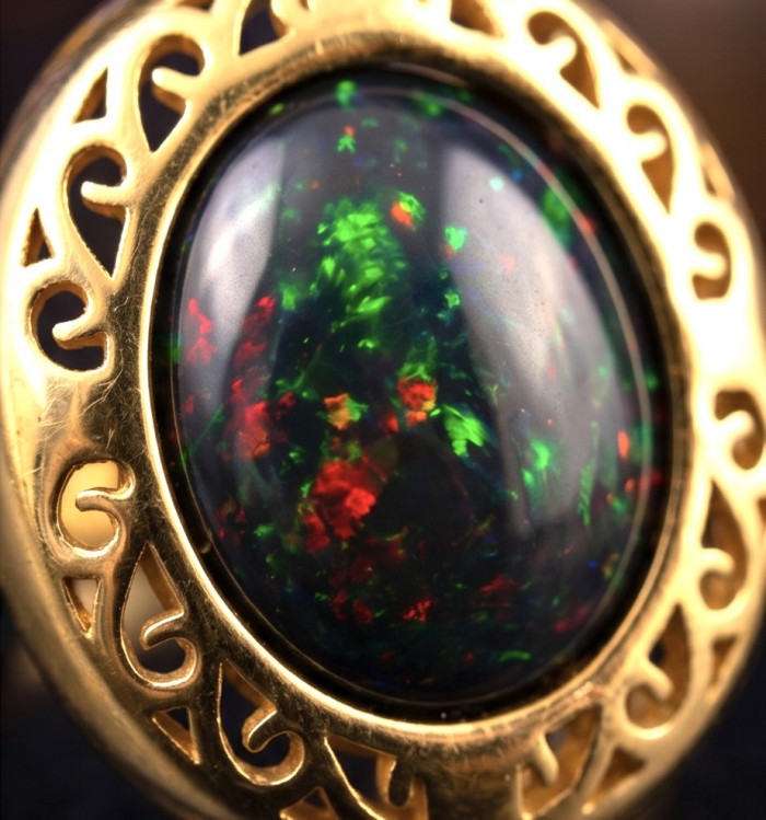 Milky way Genuine 22.2 carat Black Opal 18K Gold over .925 Sterling Silver handmade Ring size 9 - Close-up of Milky Way 22.2ct Black Opal in 18K Gold setting.