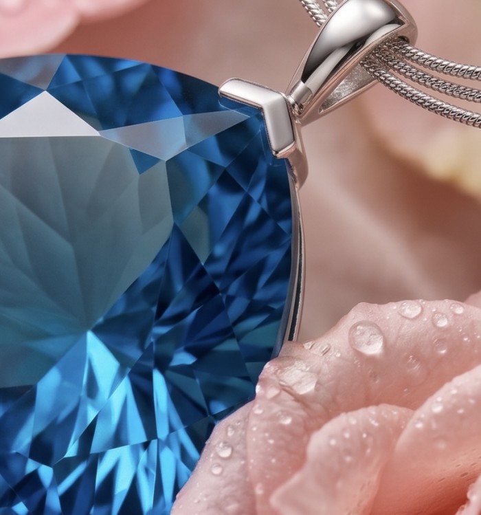 Trillion cut 21.2 carat Vintage style Swiss Blue Topaz .925 Sterling Silver DIPPED IN RHODIUM handmade Pendant - Close-up of trillion cut Swiss Blue Topaz pendant in .925 silver.