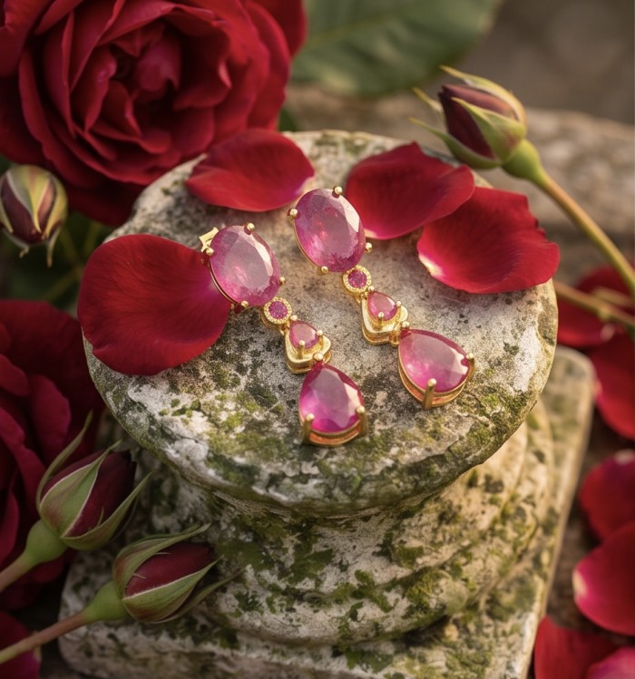 Giovanna - Magnificent Jewel 6.5 carat Mozambique Ruby 22K Gold over .925 Sterling Silver handcrafted incredible earrings - Earrings with Mozambique rubies on stone, surrounded by red roses.