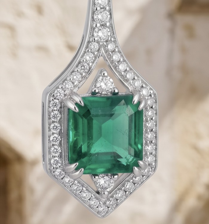 Giovanna - Authentic 8.9 carat COLOMBIAN EMERALD .925 Sterling Silver dipped in 22K Gold handcrafted earrings - Close-up of emerald pendant with diamond accents and silver setting.