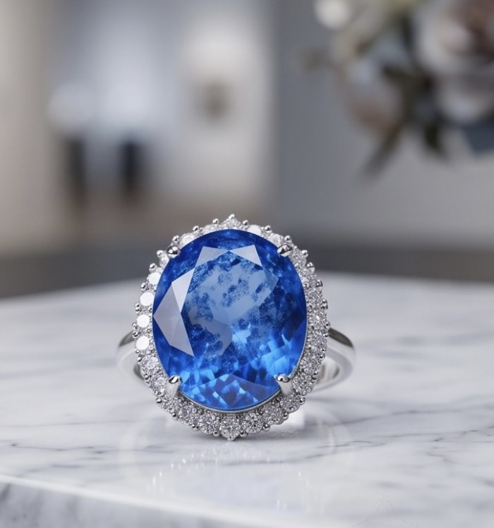 Angelina 14.9 carat authentic Swiss Blue Topaz .925 Sterling Silver Handcrafted Ring size 7 - Close-up of Angelina Swiss Blue Topaz ring on marble surface