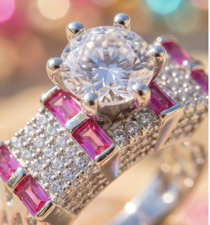Extravaganza White Topaz Ruby .925 Sterling Silver brilliantly handcrafted stack up ring s. 6 - Close-up of Extravaganza White Topaz Ruby Sterling Silver ring