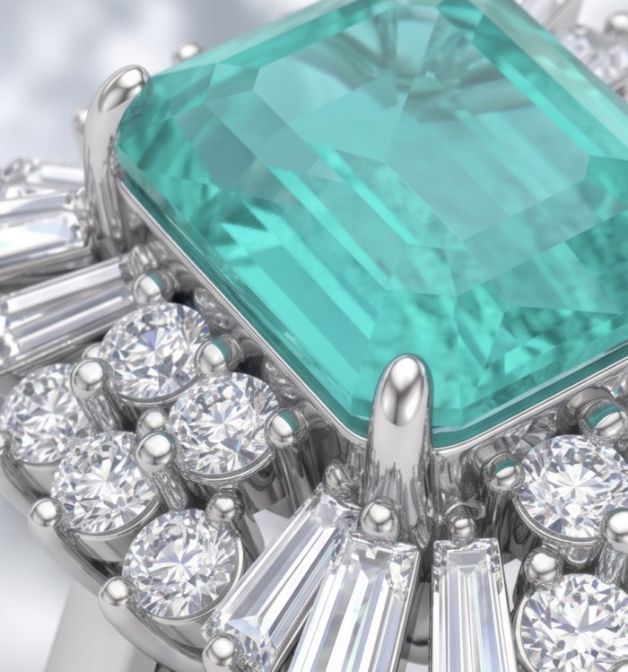 Julia asscher cut 5.8 carat Colombian Emerald 4.2 carat Moissanite .925 Sterling Silver dipped in Rhodium handcrafted Ring size 6 1/4 - Close-up of asscher cut emerald and diamond ring detailing