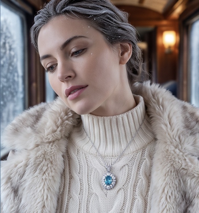 Wonderland 6.2 carat fancy oval cut Paraiba Tourmaline .925 Sterling Silver Handcrafted Statement necklace - Woman wearing Paraiba Tourmaline necklace on train, winter scene.