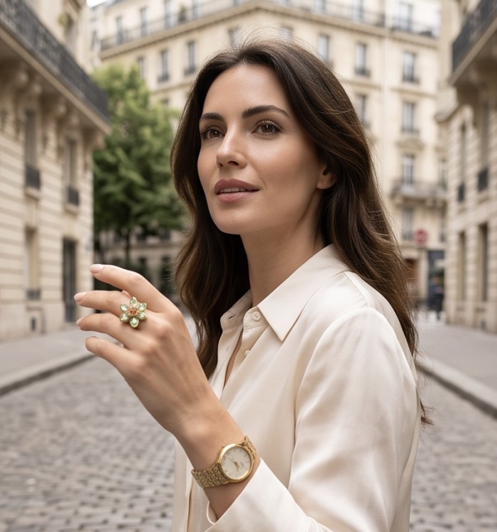 Summer flower 6.5 carat genuine Green Topaz 14K Gold over .925 Sterling Silver handmade Statement Ring size 8 1/4 - Woman wearing green topaz ring and gold watch on city street.