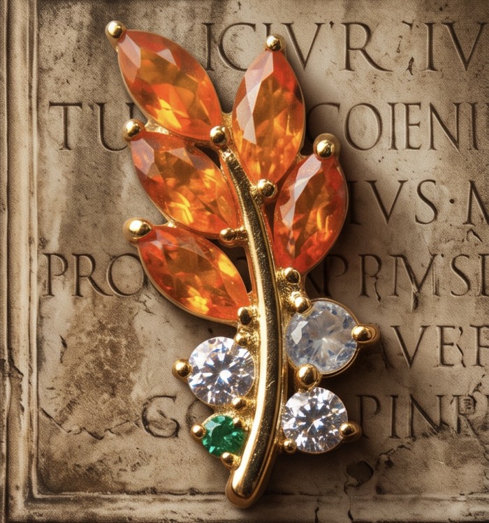 Valentina 3.9 carat Natural Orange Opal 22kGold over .925 Sterling Silver dipped in 22K Gold handcrafted earrings - Valentina opal brooch close-up on engraved background
