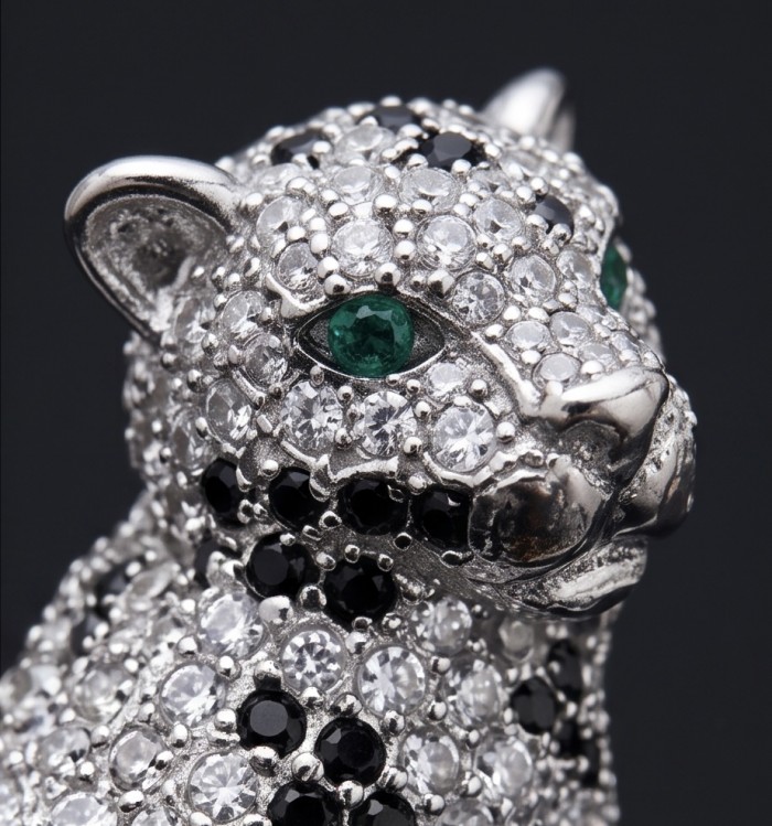 Precious Cheetah authentic 38.5 carat Swiss Blue Topaz .925 Sterling Silver Handcrafted pendant brooch - Close-up of cheetah-shaped jewelry with emerald eyes and diamond details