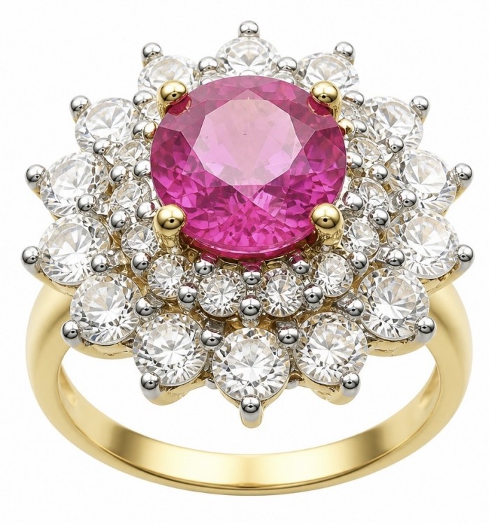 Scarlett 4.8 ctw Mozambique Ruby 22K Gold over .925 Sterling Silver handcrafted Statement Ring size 7 - Close-up of Scarlett 4.8 ctw ruby and diamond ring in gold setting