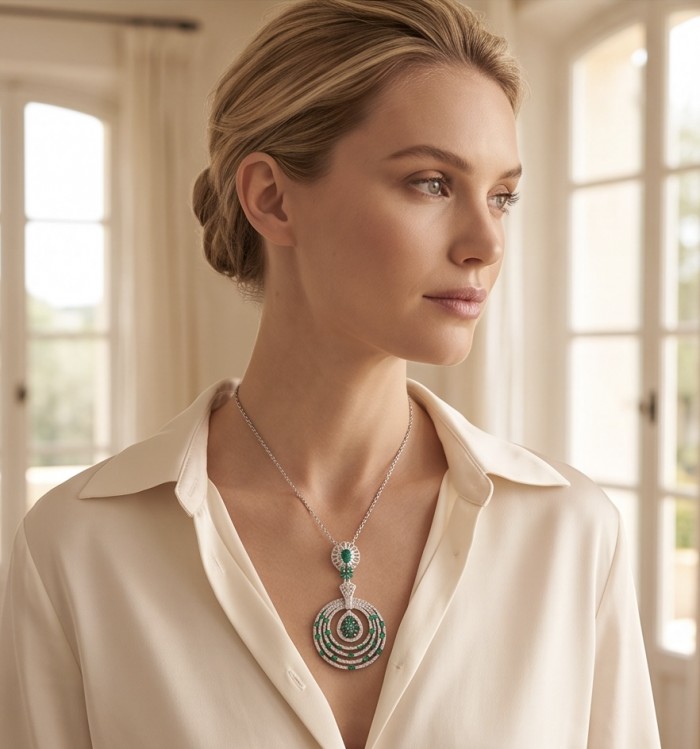 Precious 7.2 carat natural Colombian Emerald rhodium over .925 Sterling Silver .925 Sterling Silver Statement Necklace - Side view of woman wearing Colombian Emerald necklace indoors.