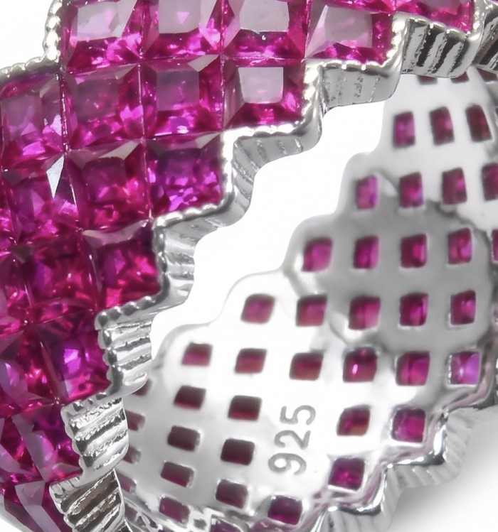 Infinity 10.7 ctw mystery setting Mozambique Ruby .925 Sterling Silver dipped in rhodium handcrafted Statement Ring size 6 1/2 - Ruby ring close-up showing stones and .925 sterling silver marking.
