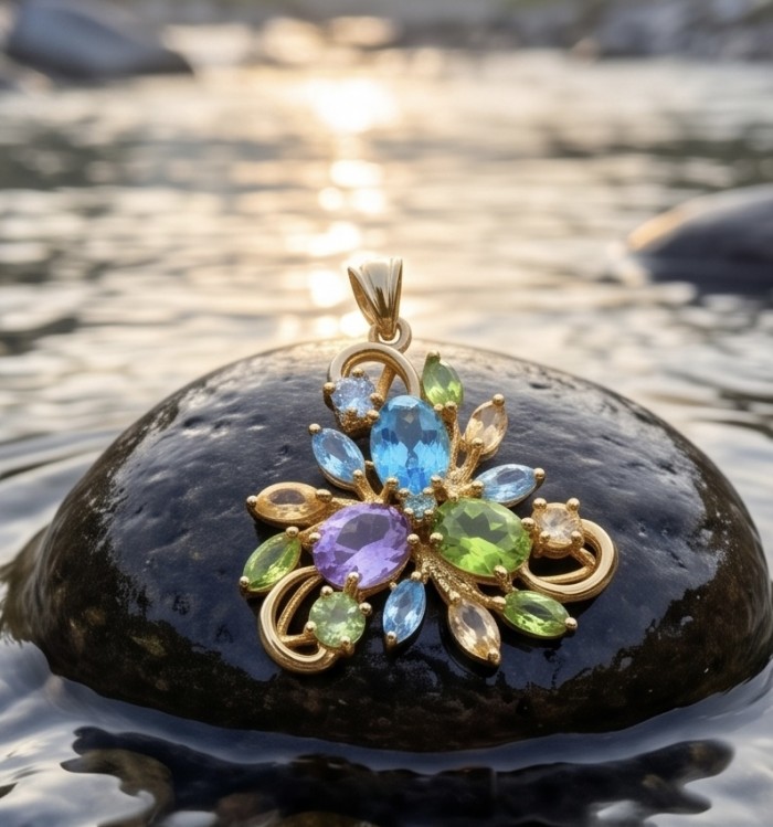 Colors of the Earth Precious 18.5 carat Multigem 18K Gold over .925 Sterling Silver Statement Pendant - Multigem 18K gold pendant on a rock by the water, close-up view.
