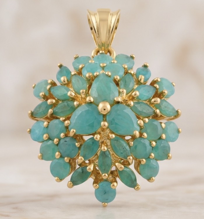 Tiffany - Authentic 8.5 carat Emerald 22K Gold over .925 Sterling Silver handmade Statement Pendant - Turquoise gemstone pendant, front view, gold setting close-up.