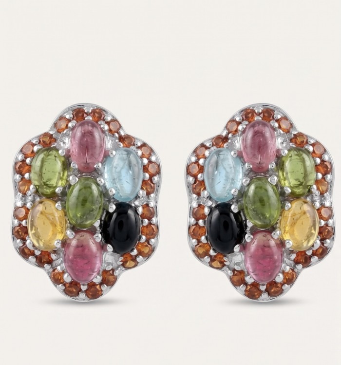 Luxurious authentic 14.2 carat Brazilian Tourmaline rhodium over .925 Sterling Silver handcrafted earrings - Front view of multicolored tourmaline earrings with rhodium setting.