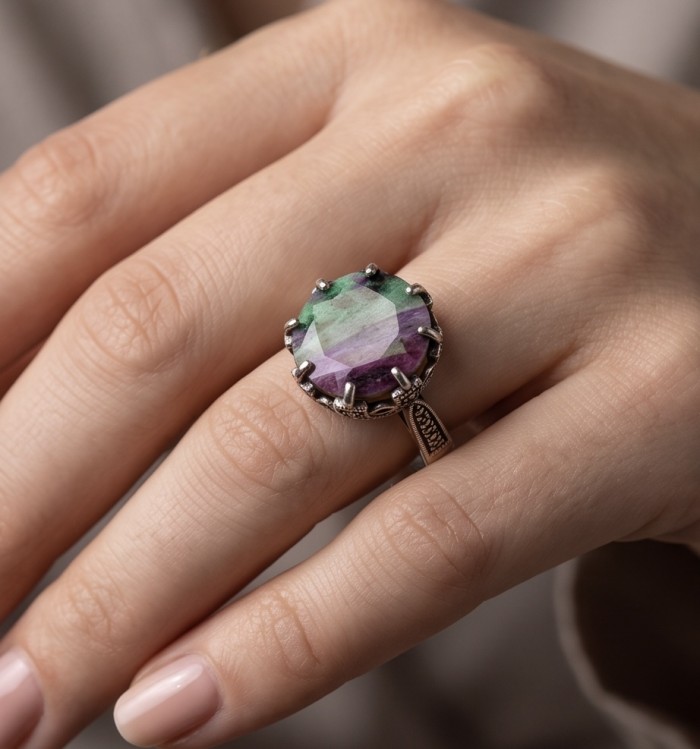 Authentic Ruby in Zoisite .925 Sterling Silver handmade Cocktail Ring s. 8 - Ruby in Zoisite ring in sterling silver worn on hand, close-up view.