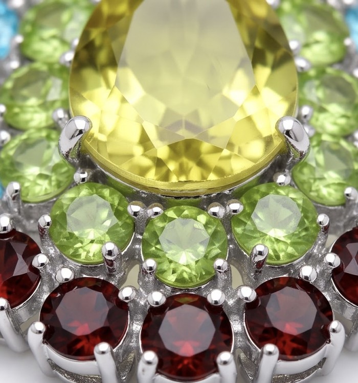 Bali Dream 31.5 carat Natural Citrine .925 Sterling Silverdipped in Rhodium handcrafted Statement necklace - Close-up of Bali Dream 31.5 carat Citrine with multicolored gemstones.