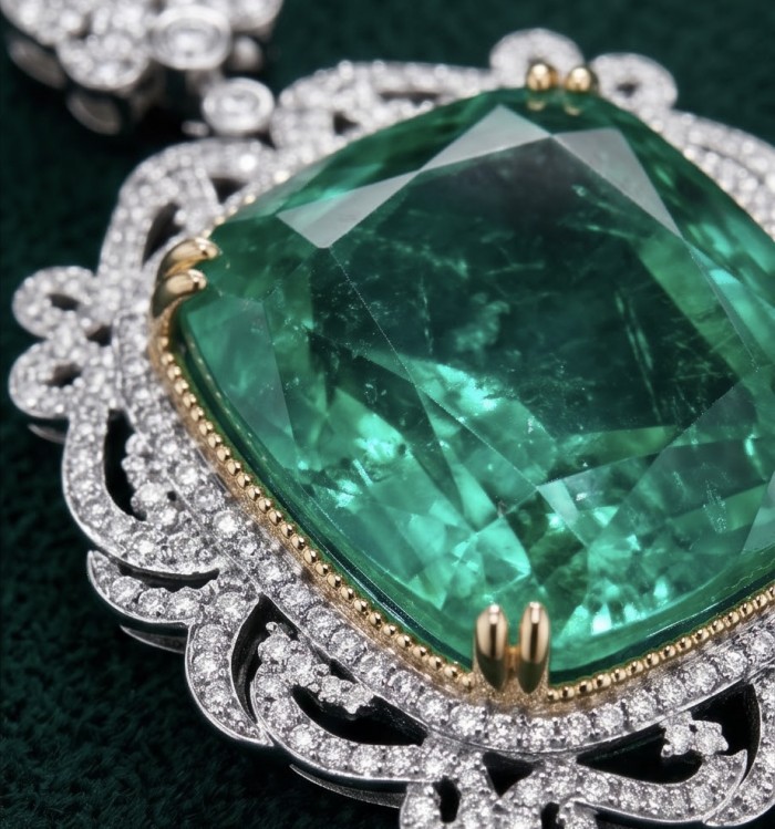 Brazilian's Briliance - emerald cut 33.7 carat Paraiba Tourmaline 2 tones .925 Sterling Silver handcrafted necklace - Stone close-up of 33.7 carat Paraiba Tourmaline with diamond accents.