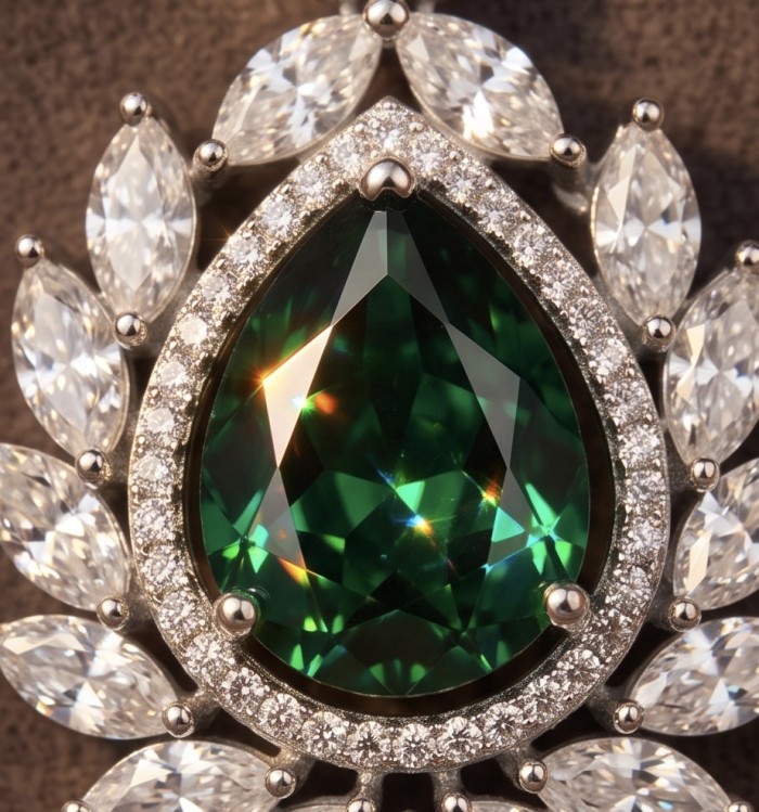 Magnificent Jewel 15.5 carat Colombian Emerald .925 Sterling Silver dippedin Rhodium handcrafted earrings - Close-up of 15.5 carat Colombian emerald with diamond accents
